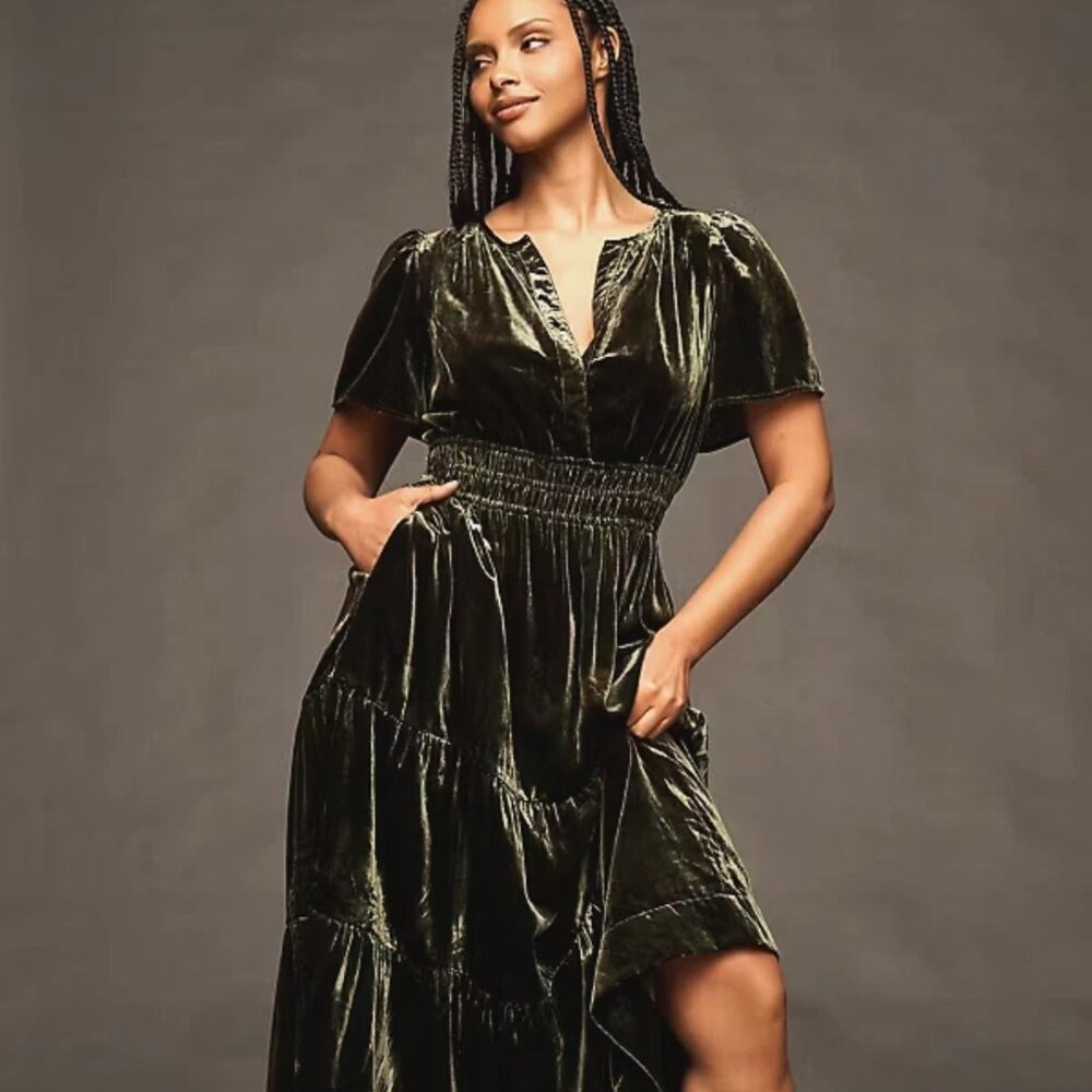 New Anthropologie The Somerset Maxi Dress: Velvet Edition Dark Green